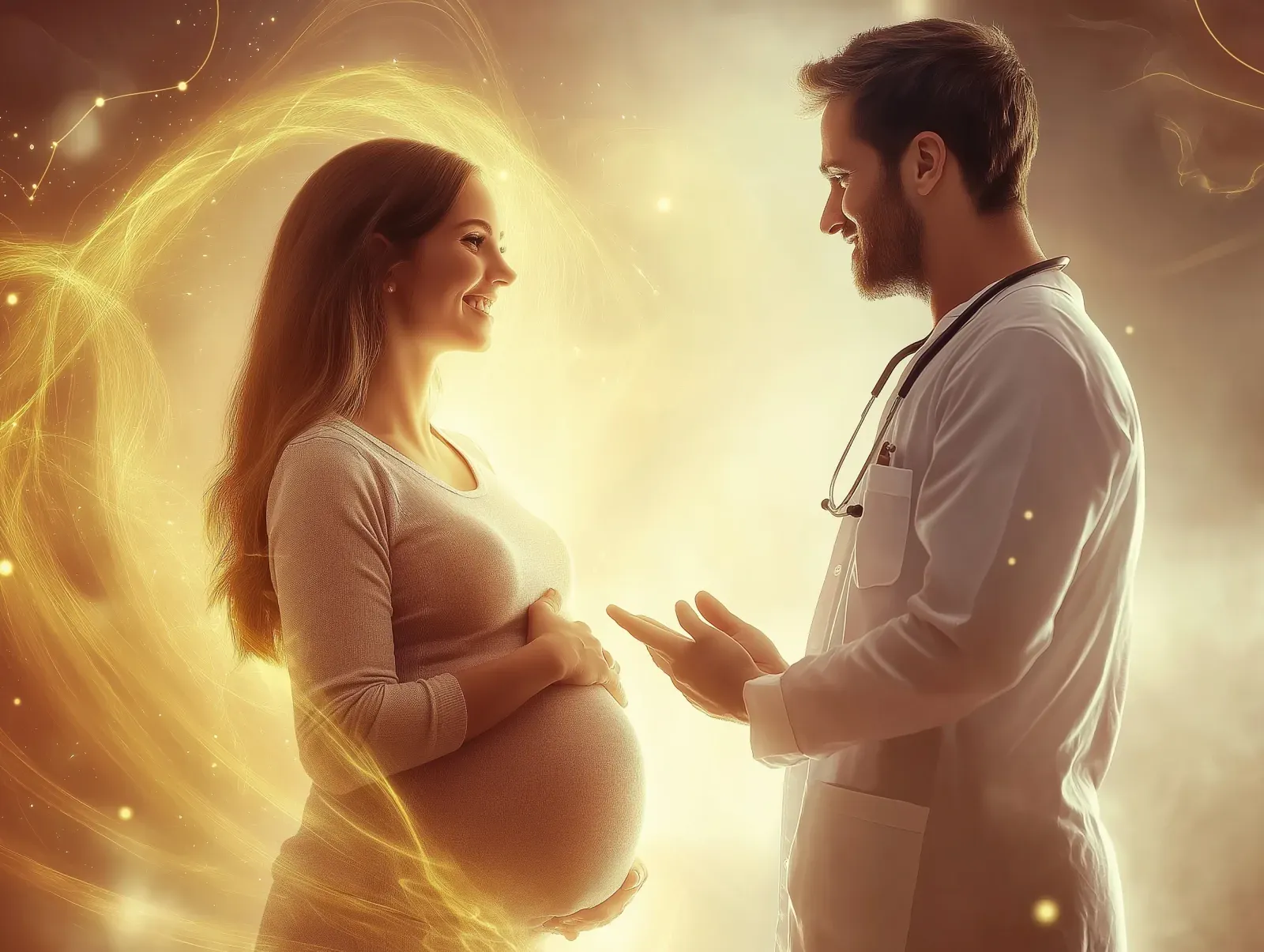 Femeie însărcinată zâmbind în timp ce discută cu un medic în halat alb